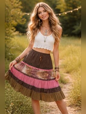 Boho Tiered Midi Skirt in Brown and Pink
